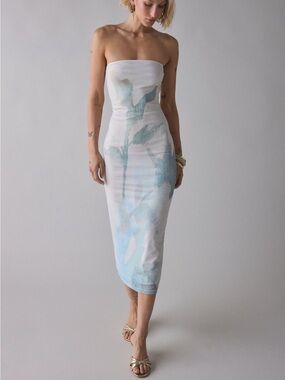 Bandeau Midi Dress In Abstract Painted Flower Blue